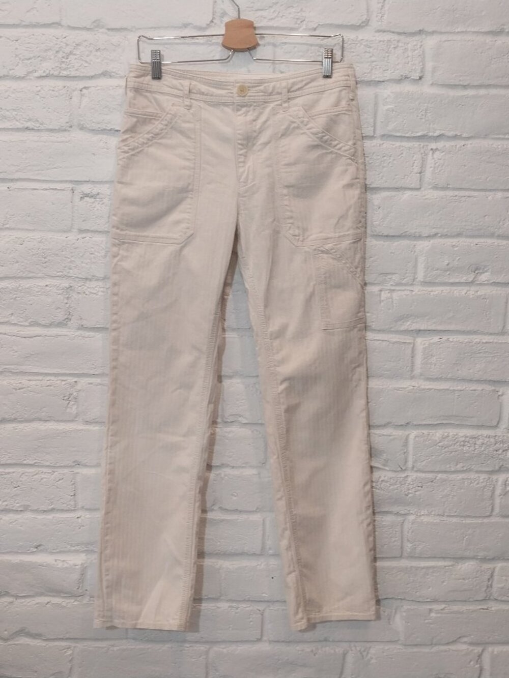 Anthropologie Pants Womens 28 Cream Cargo Carpenter Straight Textured Mid Rise.